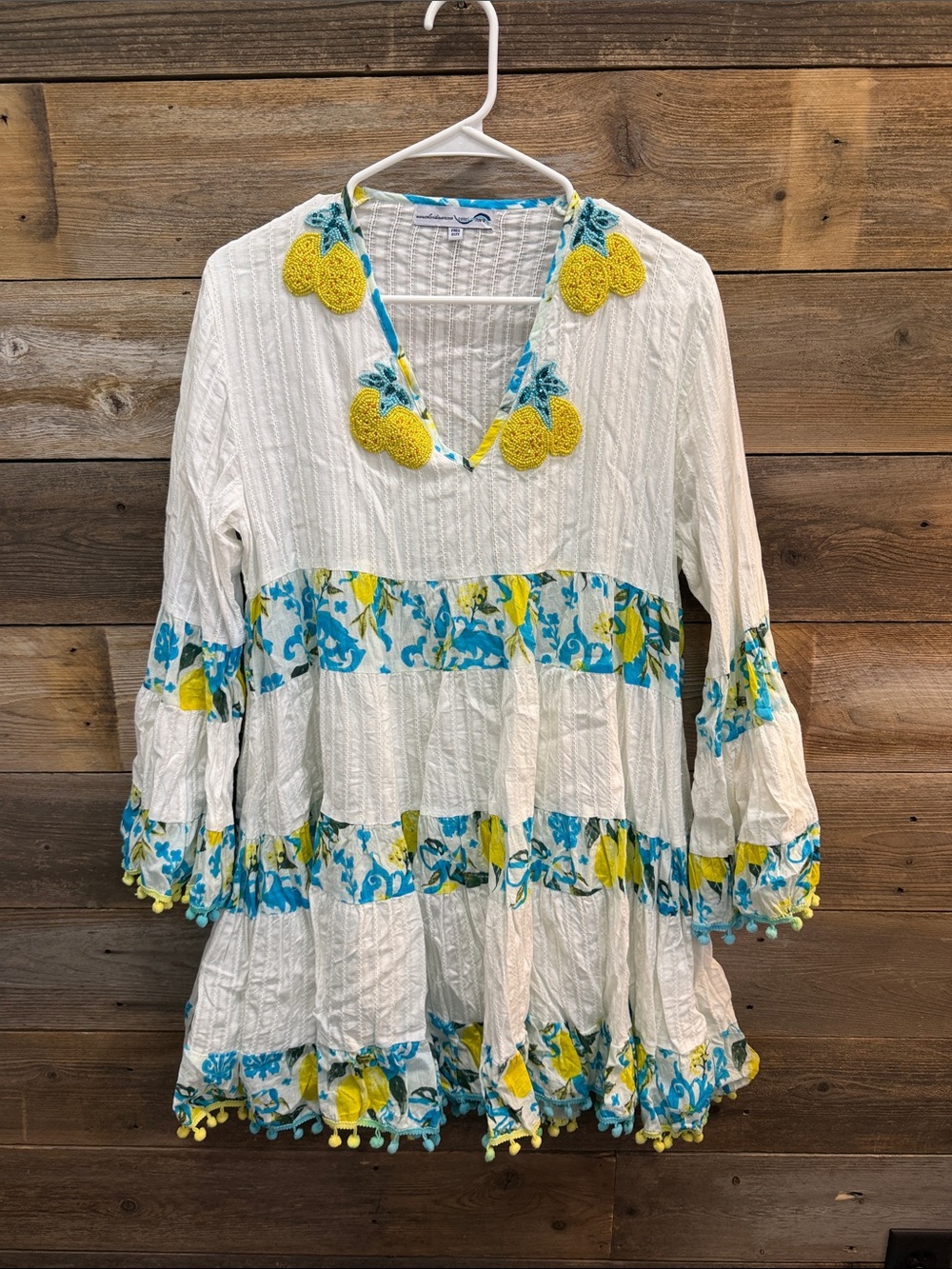 Colori Di Mare White Tiered Dress with Yellow Lemon Appliqués